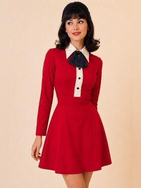 Vintage 60s Mod A Line Dress Red Contrast Collar Bow XS S
